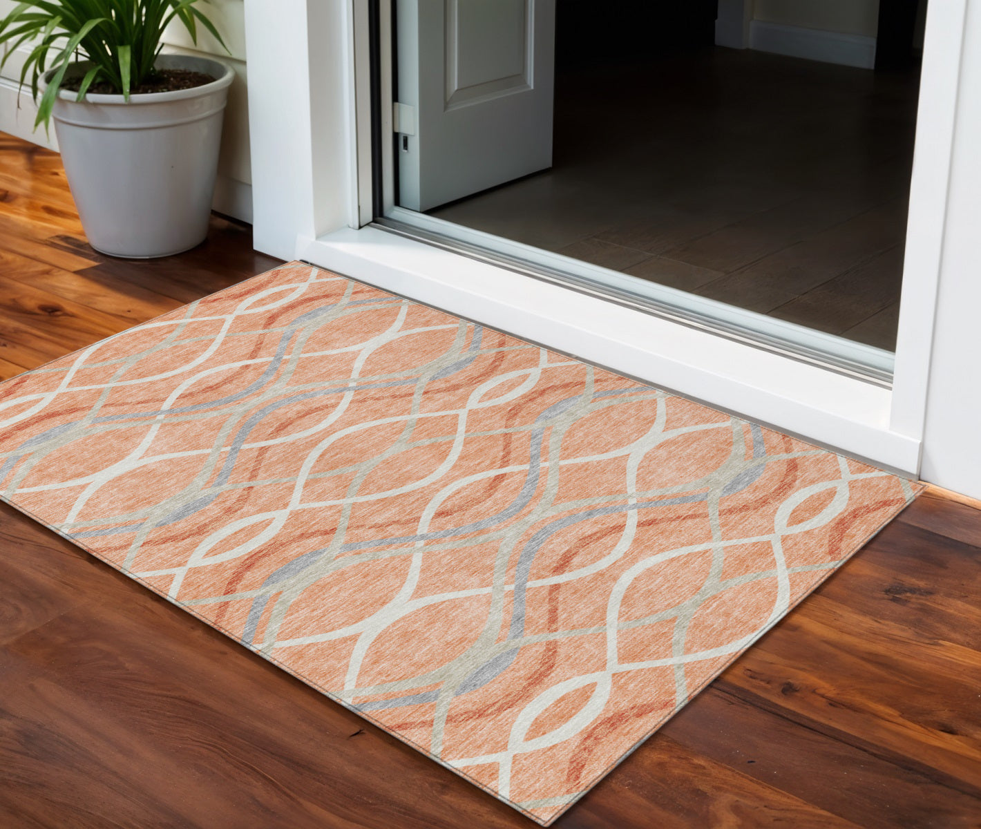 3 X 5 Peach Orange And Gray Abstract Washable Indoor Outdoor Area Rug