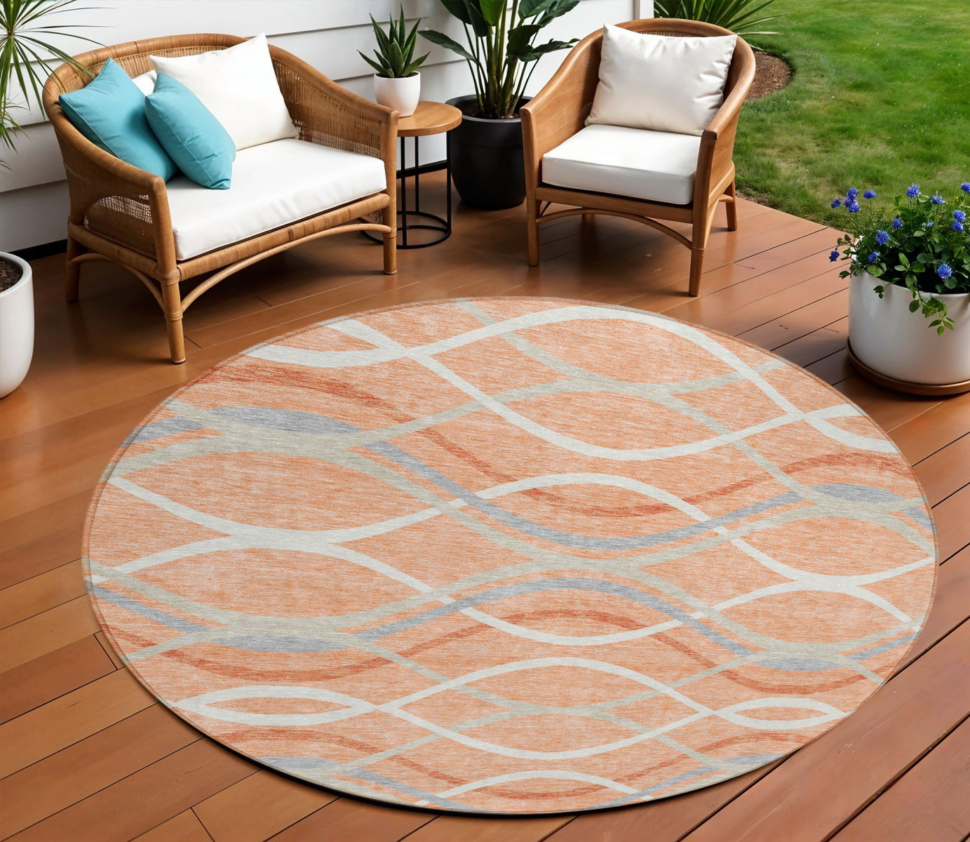 8 Peach Orange And Gray Round Abstract Washable Indoor Outdoor Area Rug