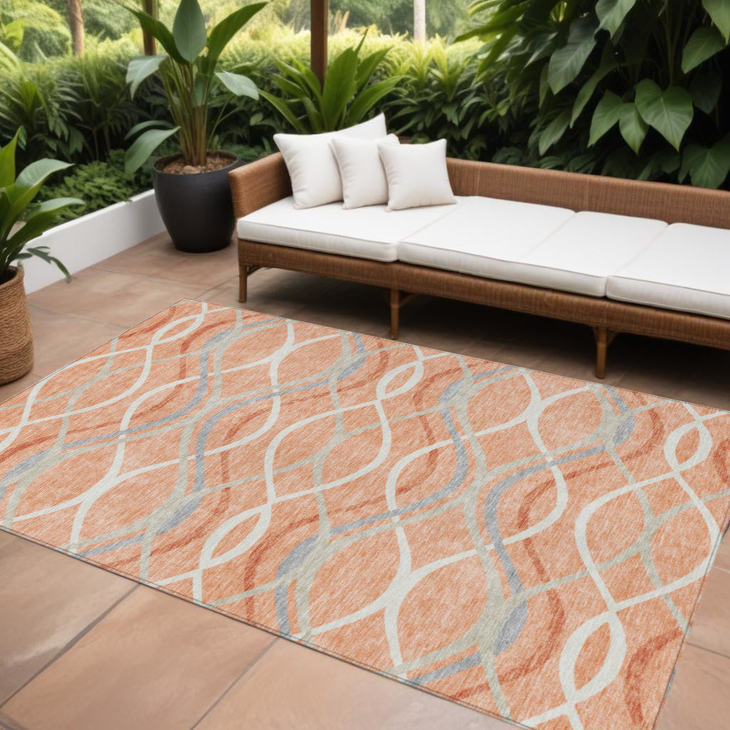 8 X 10 Peach Orange And Gray Abstract Washable Indoor Outdoor Area Rug