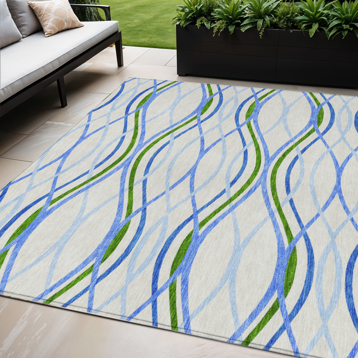 5 X 8 Sky Blue And Beige Abstract Washable Indoor Outdoor Area Rug