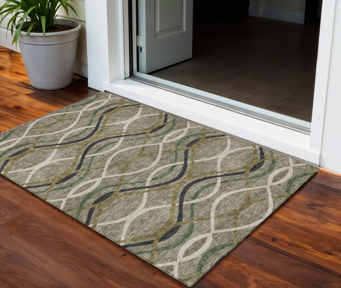 3 X 5 Taupe Beige And Charcoal Abstract Washable Indoor Outdoor Area Rug