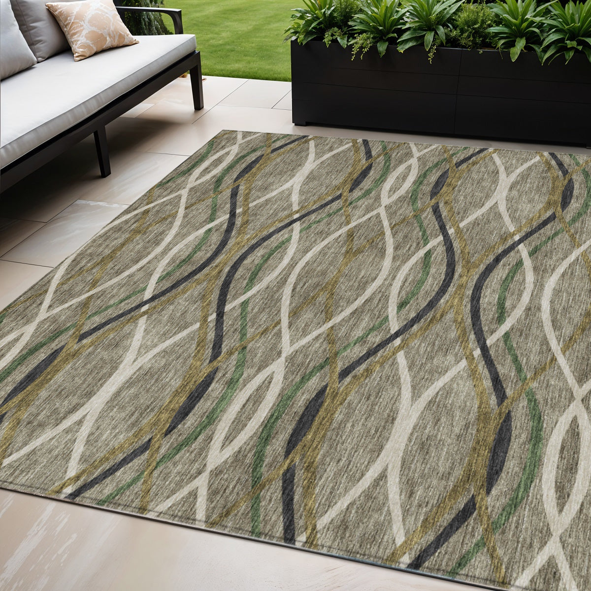 5 X 8 Taupe Beige And Charcoal Abstract Washable Indoor Outdoor Area Rug