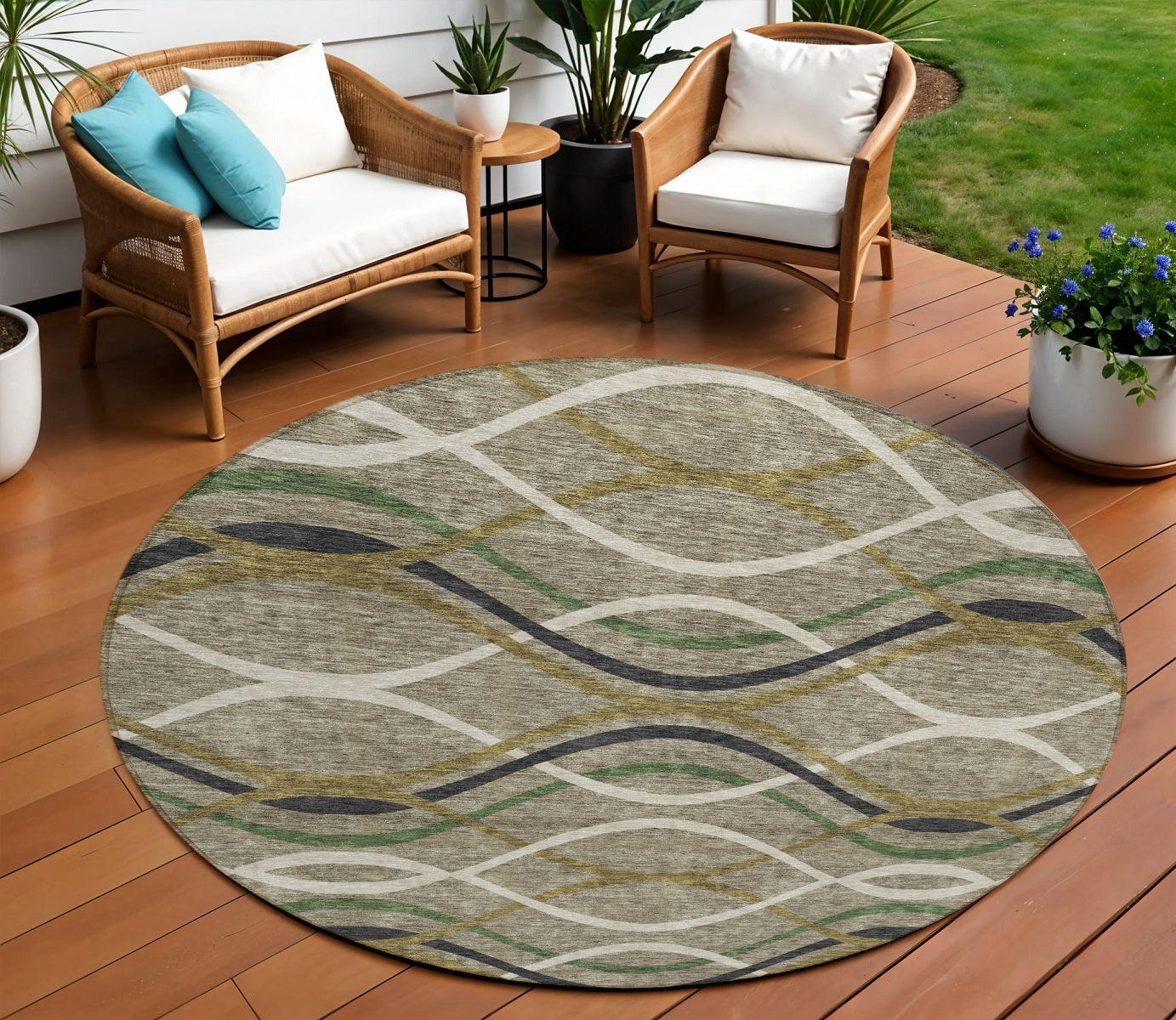 8 Taupe Beige And Charcoal Round Abstract Washable Indoor Outdoor Area Rug