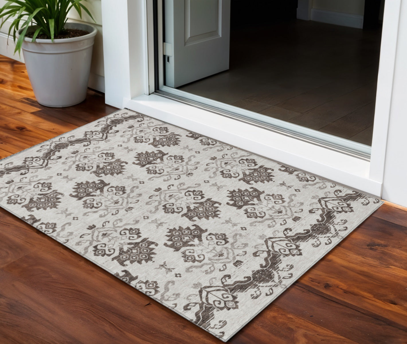 3 X 5 Chocolate Taupe And Beige Oriental Washable Indoor Outdoor Area Rug