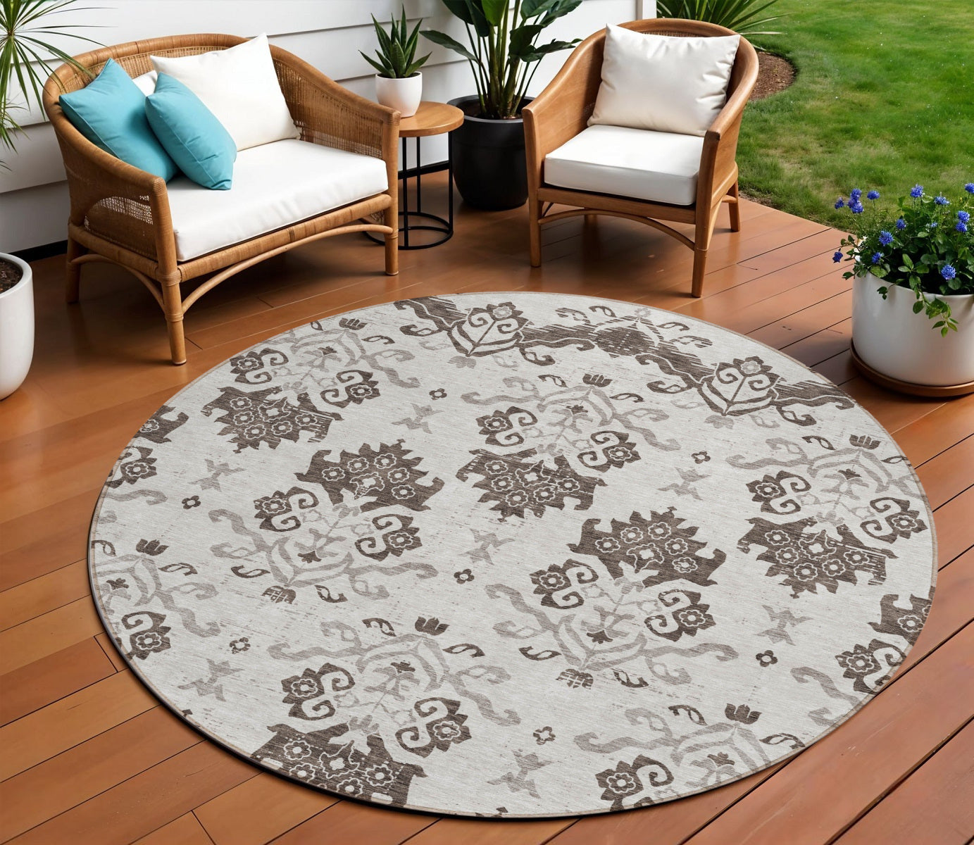 8 Chocolate Taupe And Beige Round Oriental Washable Indoor Outdoor Area Rug