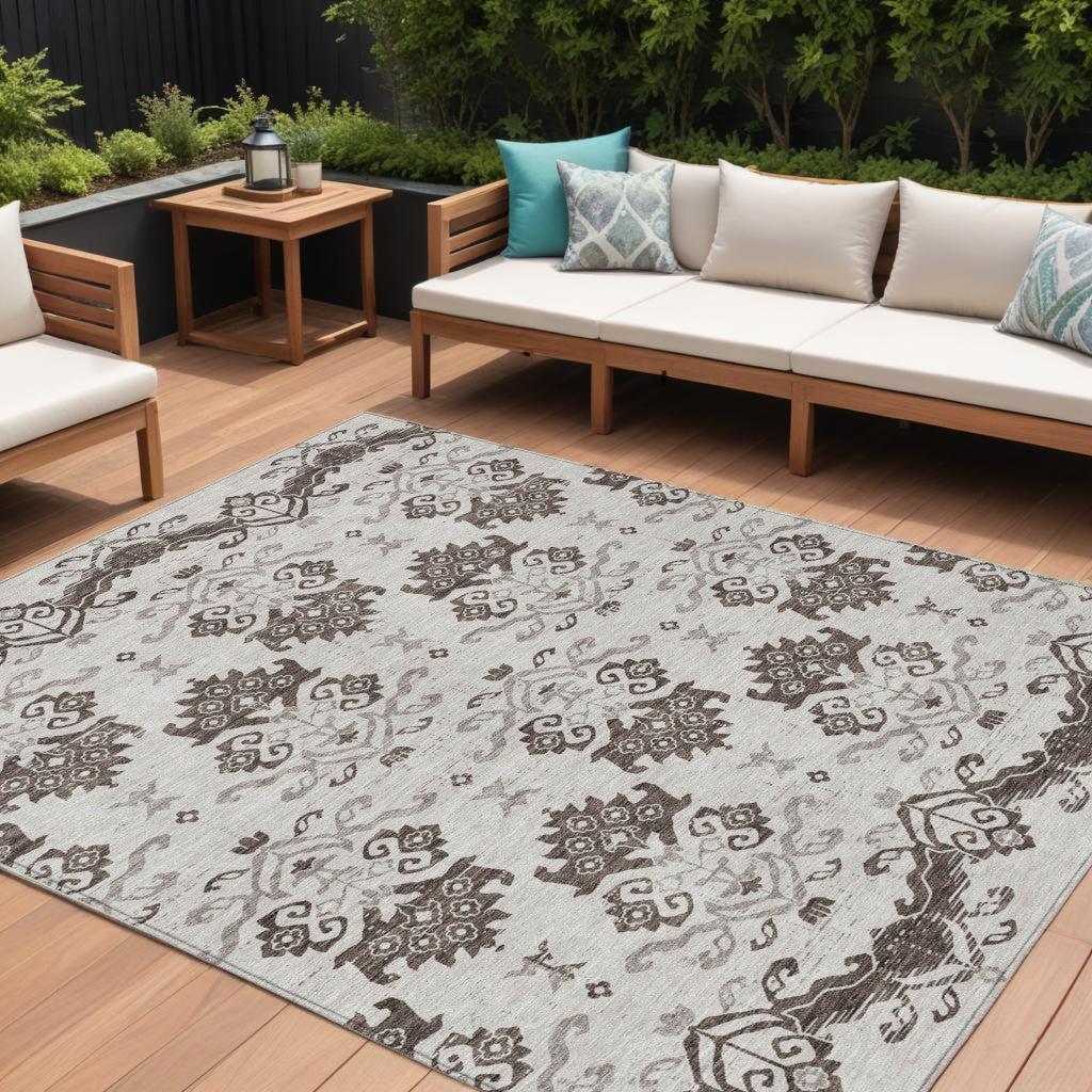 10 X 14 Chocolate Taupe And Beige Oriental Washable Indoor Outdoor Area Rug