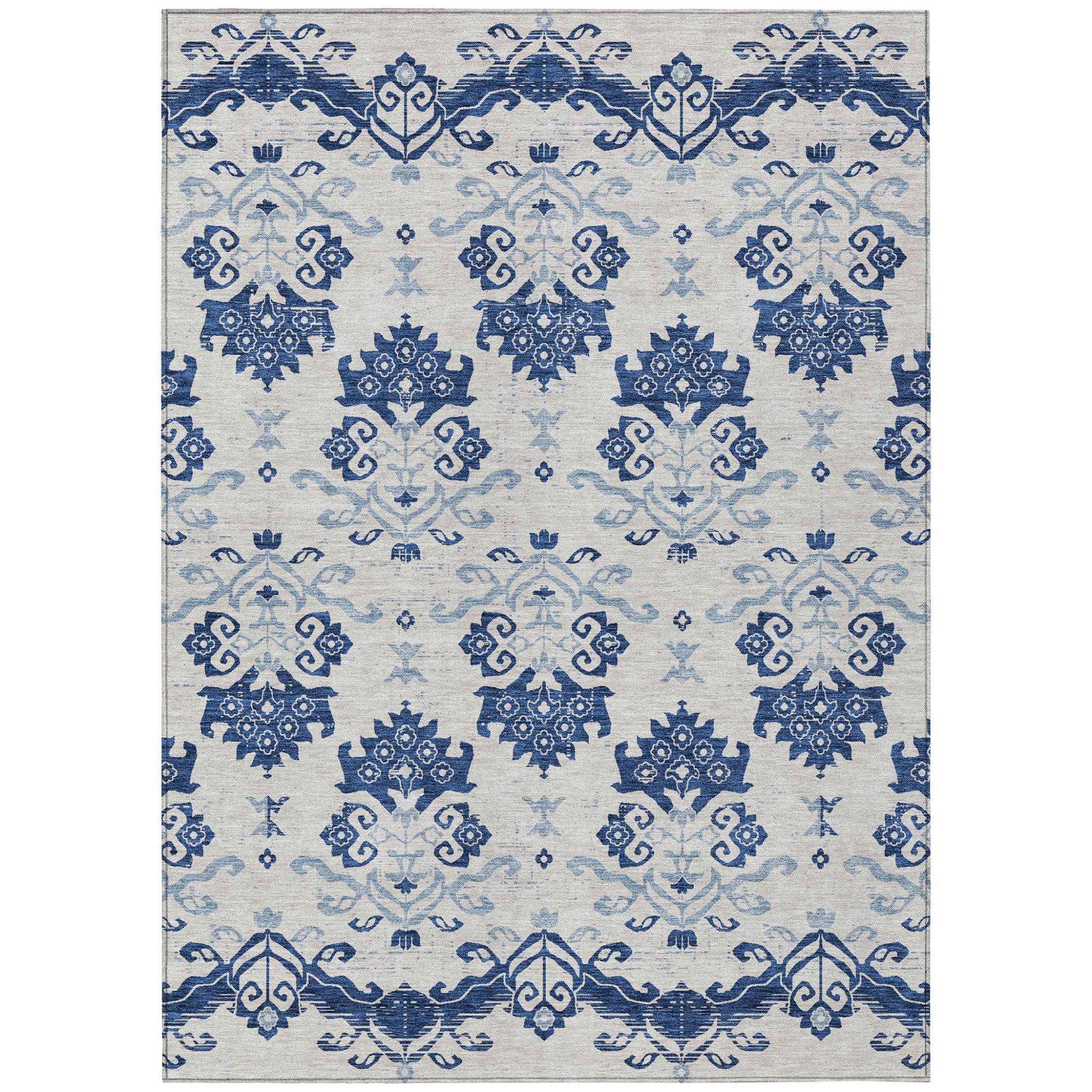 5 X 8 Navy Blue Beige And Denim Blue Oriental Washable Indoor Outdoor Area Rug