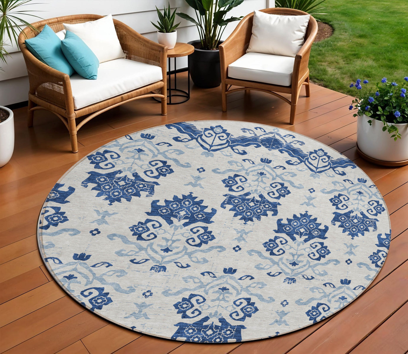 8 Navy Blue Beige And Denim Blue Round Oriental Washable Indoor Outdoor Area Rug