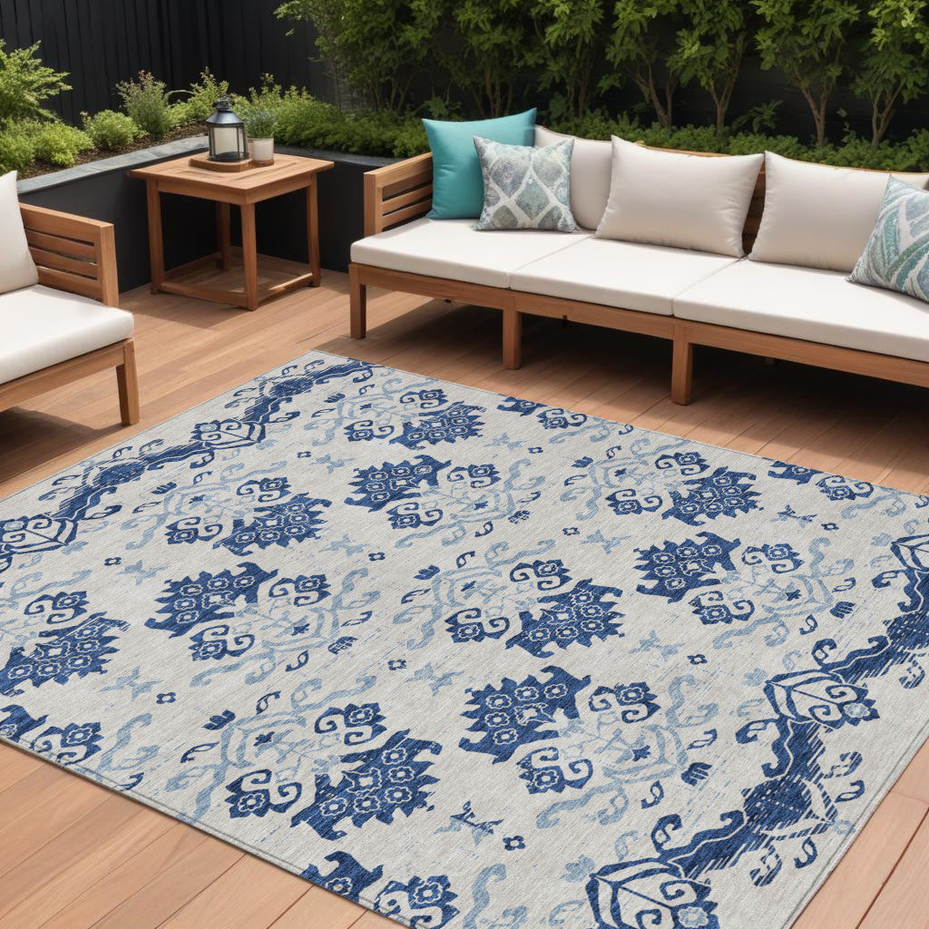 10 X 14 Navy Blue Beige And Denim Blue Oriental Washable Indoor Outdoor Area Rug