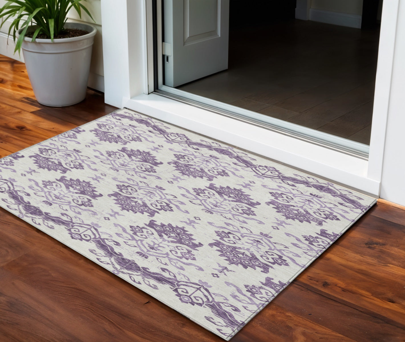3 X 5 Purple Silver And Lilac Oriental Washable Indoor Outdoor Area Rug