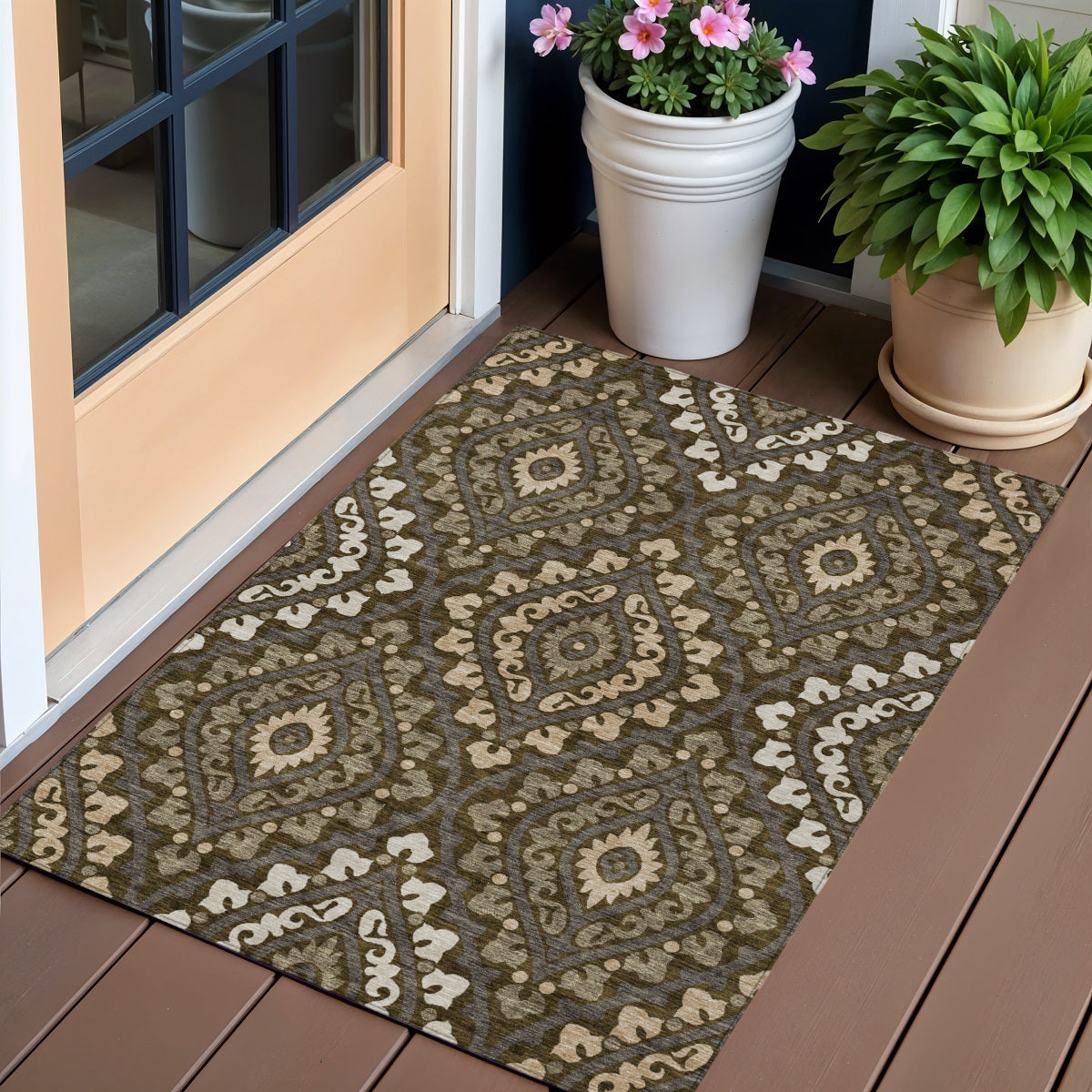 3 X 5 Brown Taupe And Gray Floral Washable Indoor Outdoor Area Rug