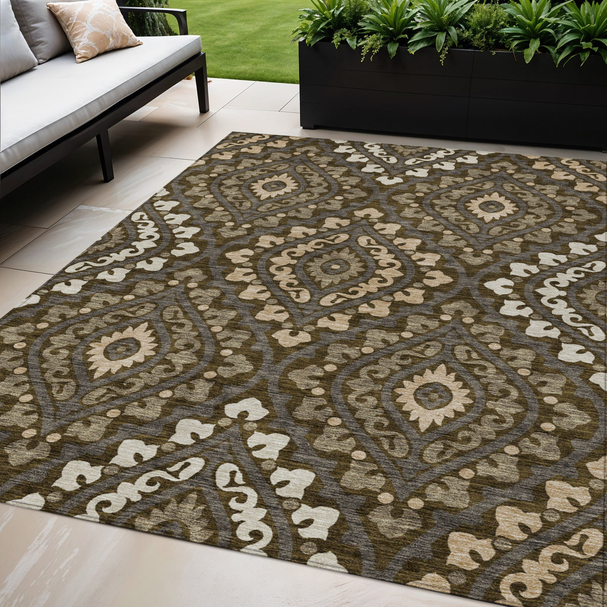 5 X 8 Brown Taupe And Gray Floral Washable Indoor Outdoor Area Rug