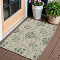 3 X 5 Beige Tan And Blue Floral Washable Indoor Outdoor Area Rug