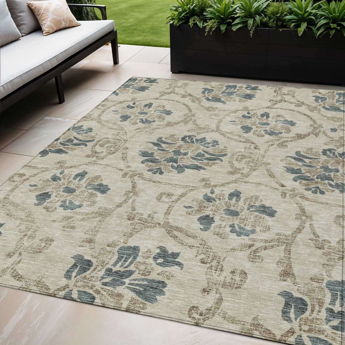 5 X 8 Beige Tan And Blue Floral Washable Indoor Outdoor Area Rug