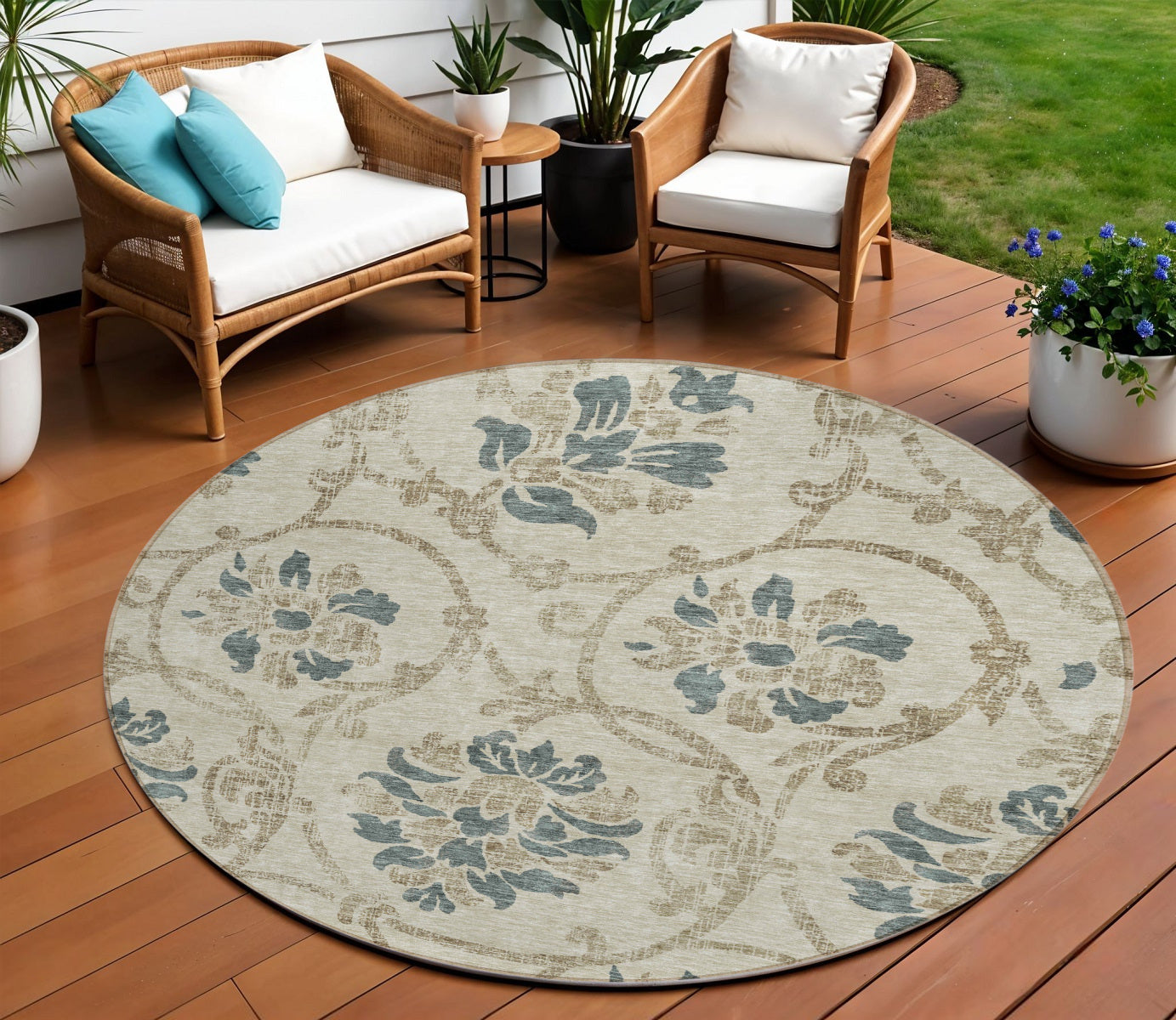 8 Beige Tan And Blue Round Floral Washable Indoor Outdoor Area Rug