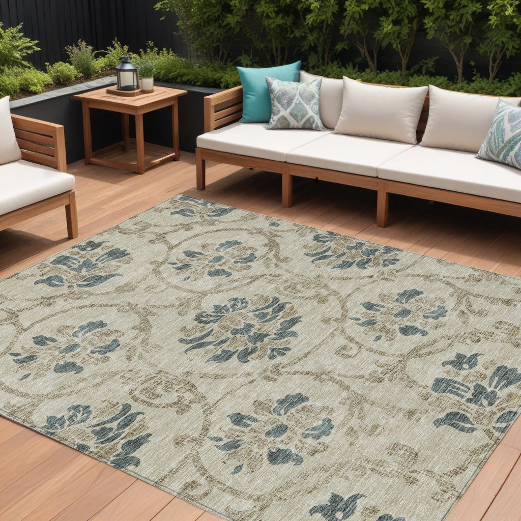 8 X 10 Beige Tan And Blue Floral Washable Indoor Outdoor Area Rug
