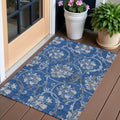 3 X 5 Navy Blue And Silver Floral Washable Indoor Outdoor Area Rug