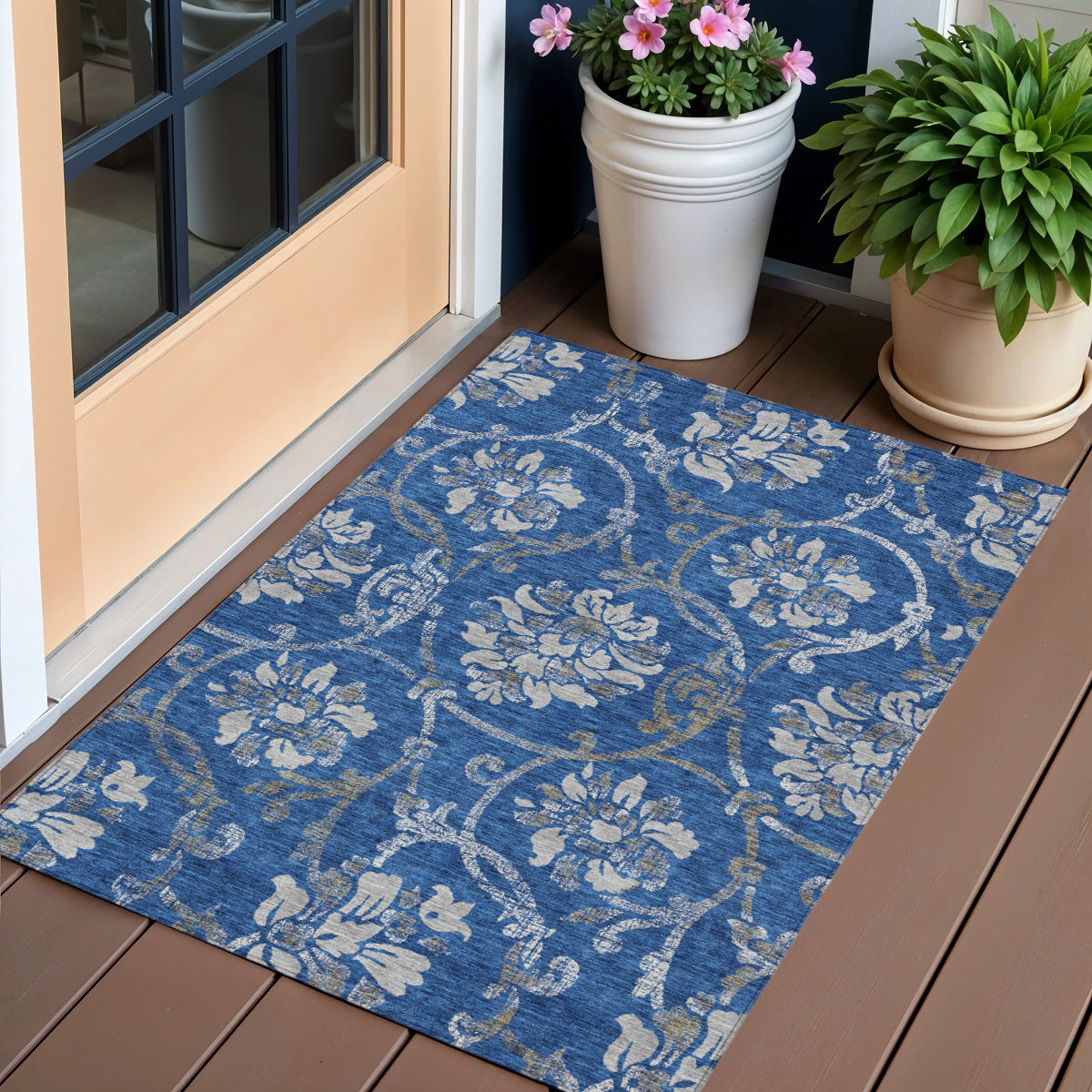 3 X 5 Navy Blue And Silver Floral Washable Indoor Outdoor Area Rug