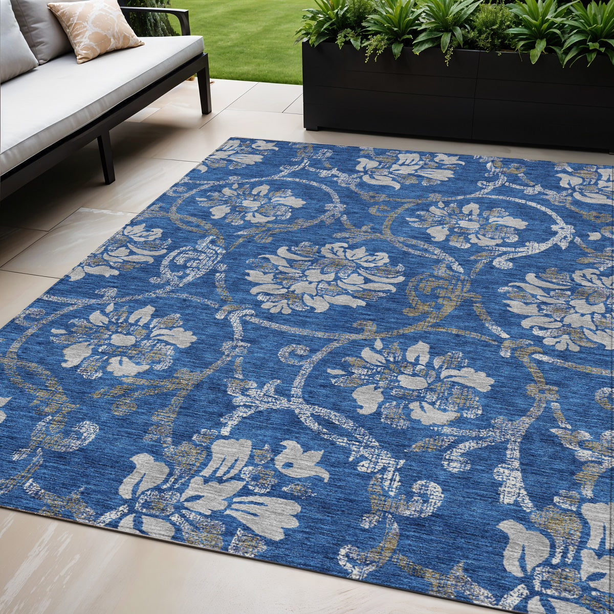 5 X 8 Navy Blue And Silver Floral Washable Indoor Outdoor Area Rug