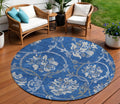 8 Navy Blue And Silver Round Floral Washable Indoor Outdoor Area Rug