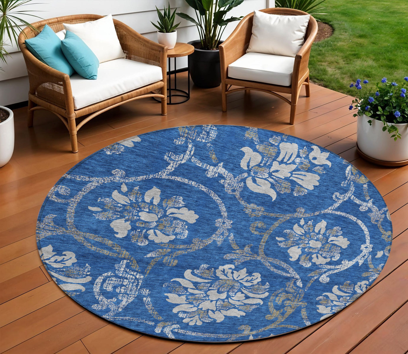 8 Navy Blue And Silver Round Floral Washable Indoor Outdoor Area Rug