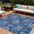 9 X 12 Navy Blue And Silver Floral Washable Indoor Outdoor Area Rug