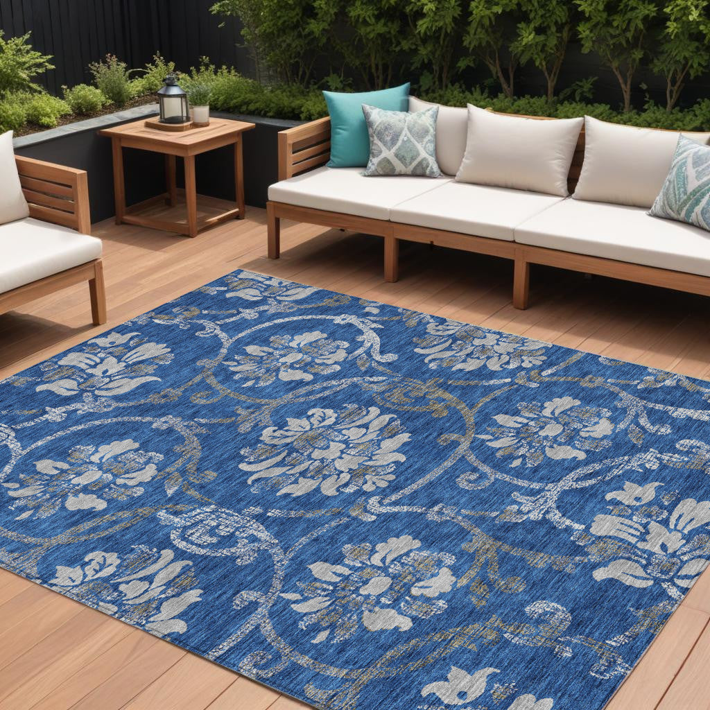 9 X 12 Navy Blue And Silver Floral Washable Indoor Outdoor Area Rug