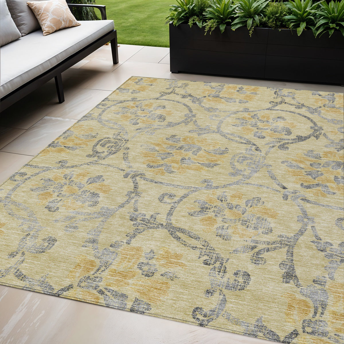 5 X 8 Gold Gray And Charcoal Floral Washable Indoor Outdoor Area Rug