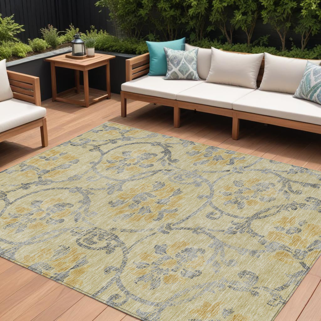10 X 14 Gold Gray And Charcoal Floral Washable Indoor Outdoor Area Rug