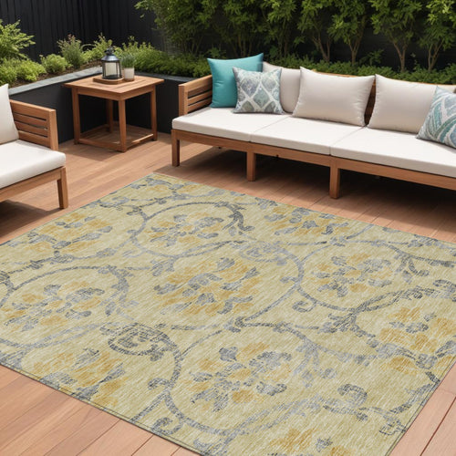 10 X 14 Gold Gray And Charcoal Floral Washable Indoor Outdoor Area Rug