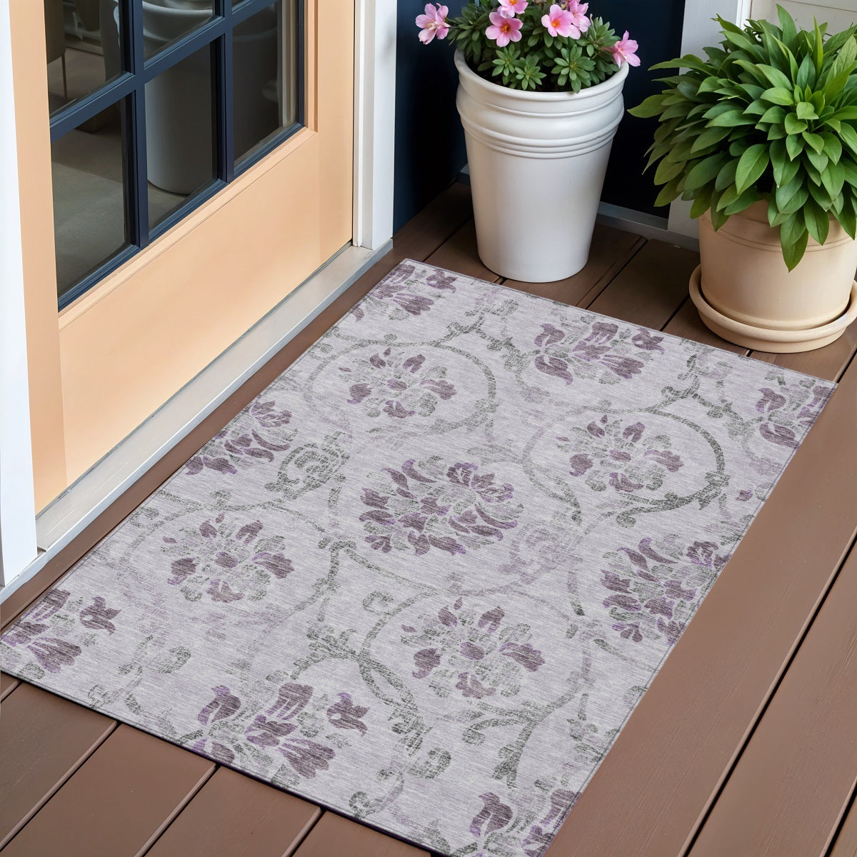 3 X 5 Lavender Purple And Gray Floral Washable Indoor Outdoor Area Rug