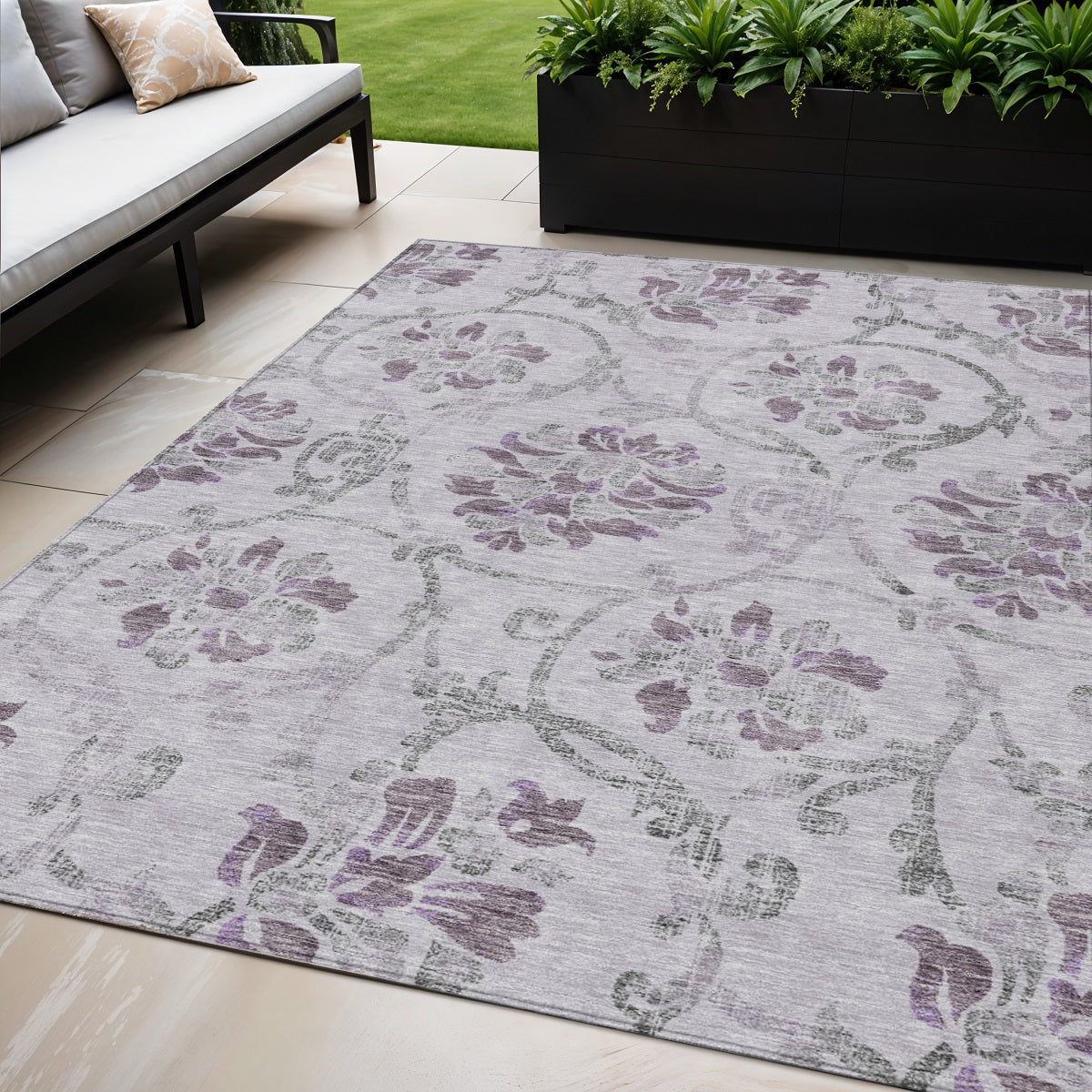 5 X 8 Lavender Purple And Gray Floral Washable Indoor Outdoor Area Rug