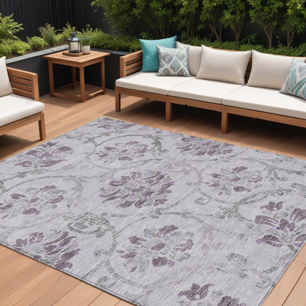 9 X 12 Lavender Purple And Gray Floral Washable Indoor Outdoor Area Rug