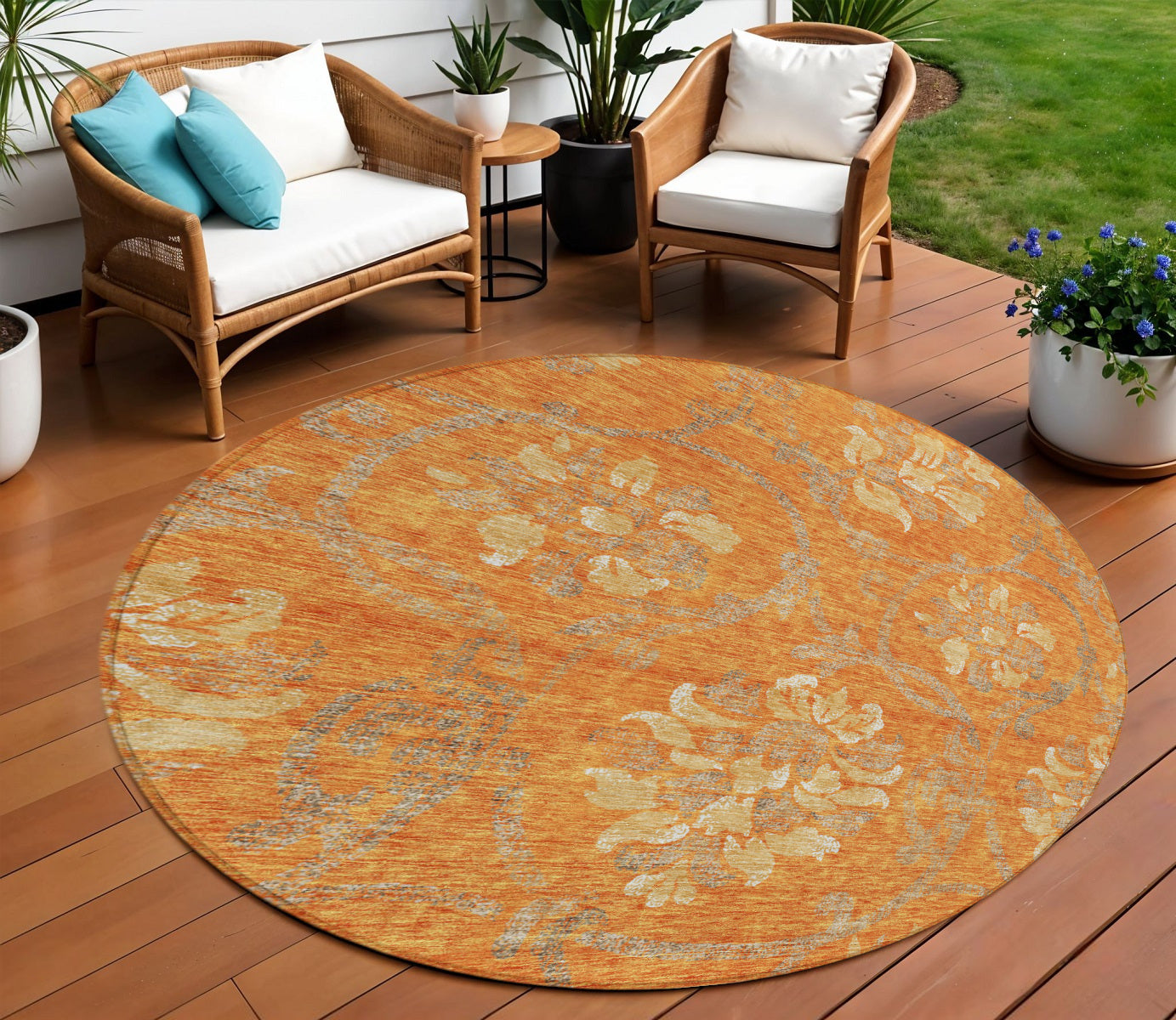 8 Orange Gray And Beige Round Floral Washable Indoor Outdoor Area Rug