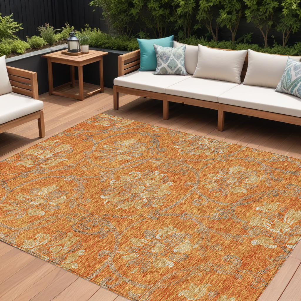 9 X 12 Orange Gray And Beige Floral Washable Indoor Outdoor Area Rug