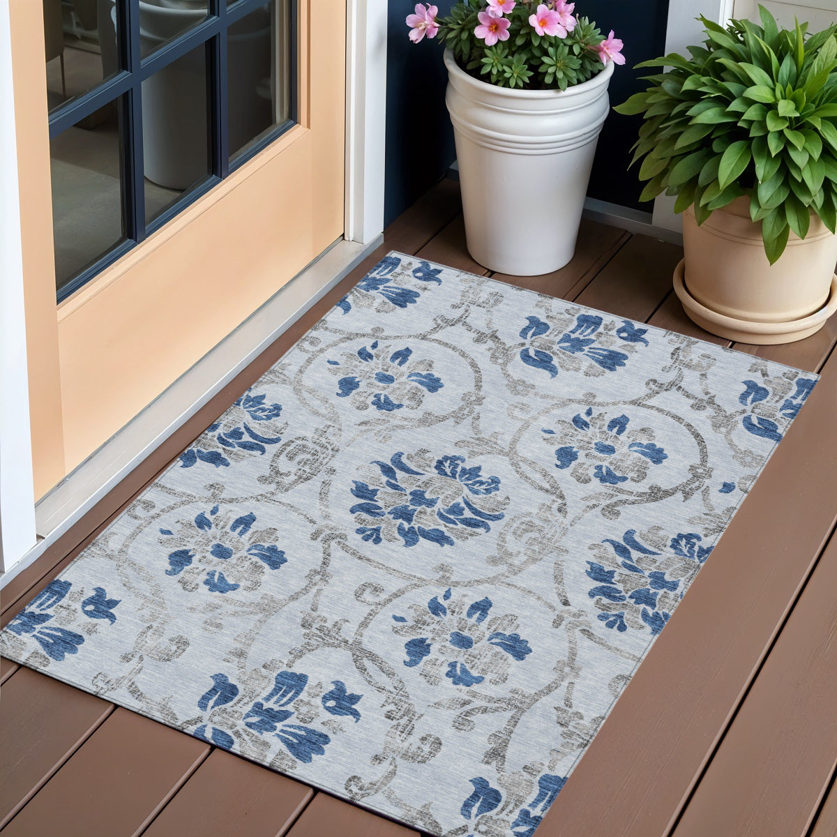 3 X 5 Sky Blue And Gray Floral Washable Indoor Outdoor Area Rug
