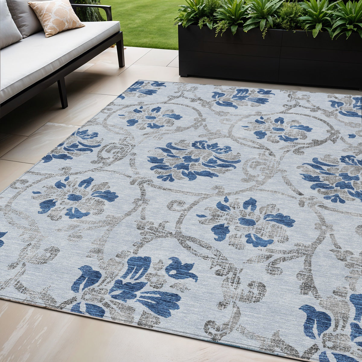 5 X 8 Sky Blue And Gray Floral Washable Indoor Outdoor Area Rug