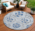 8 Sky Blue And Gray Round Floral Washable Indoor Outdoor Area Rug