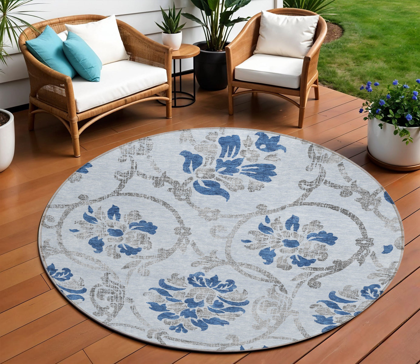 8 Sky Blue And Gray Round Floral Washable Indoor Outdoor Area Rug
