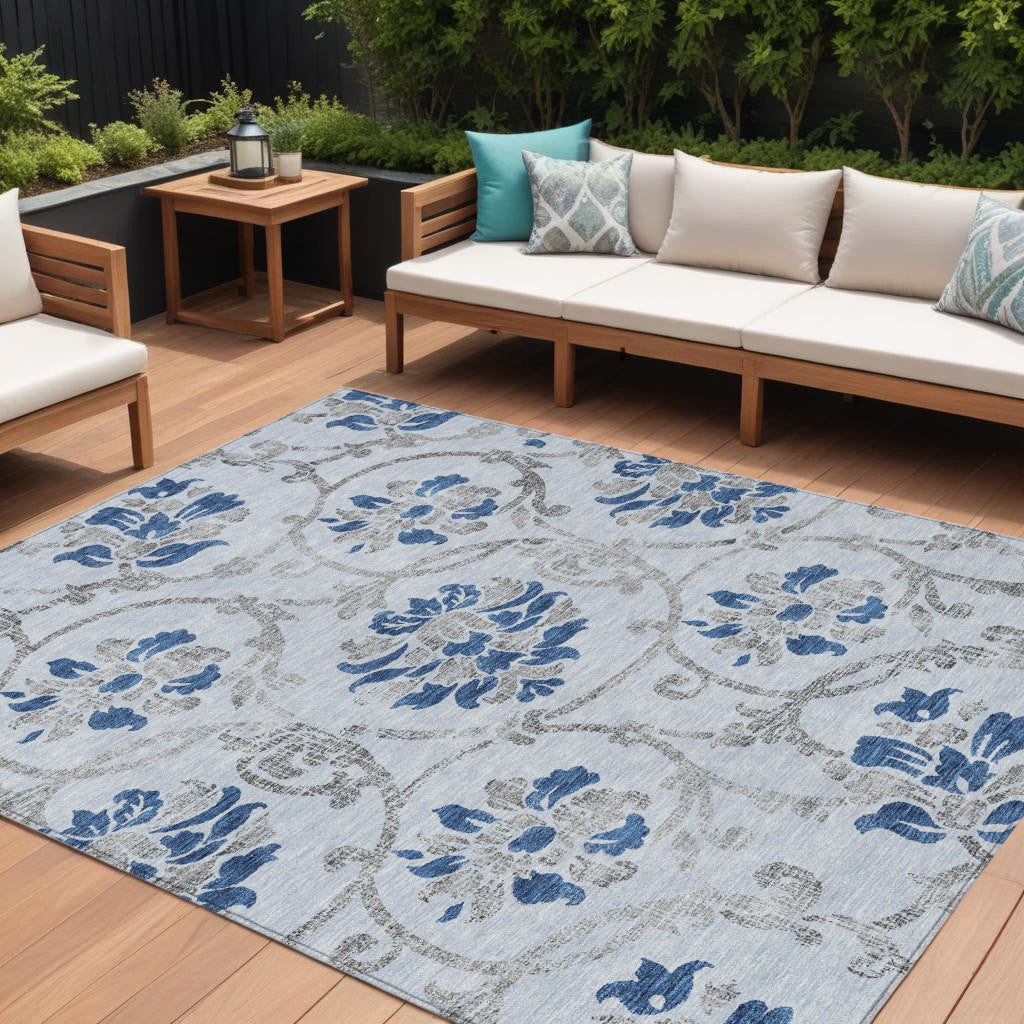 8 X 10 Sky Blue And Gray Floral Washable Indoor Outdoor Area Rug