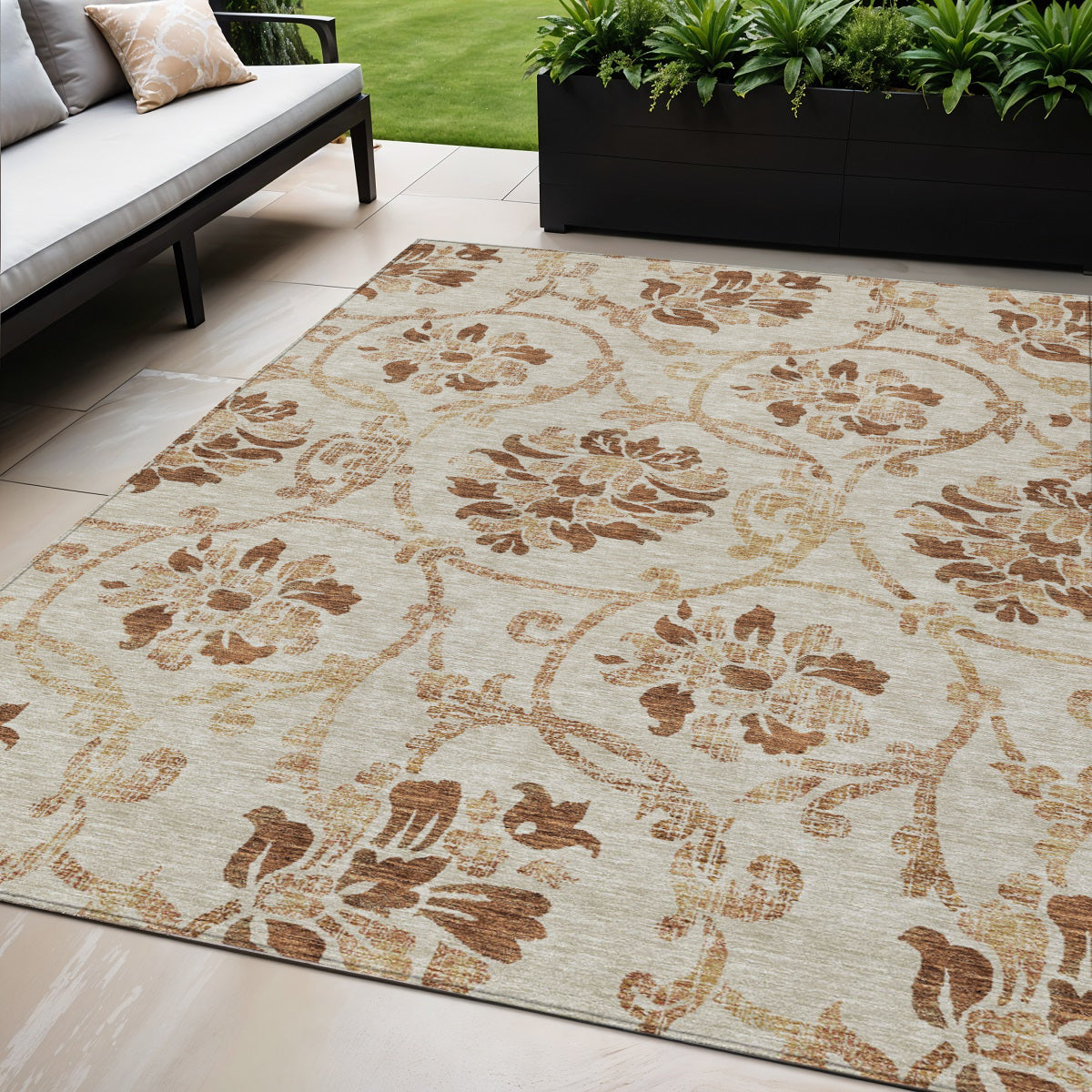 5 X 8 Terra Cotta Copper And Beige Floral Washable Indoor Outdoor Area Rug