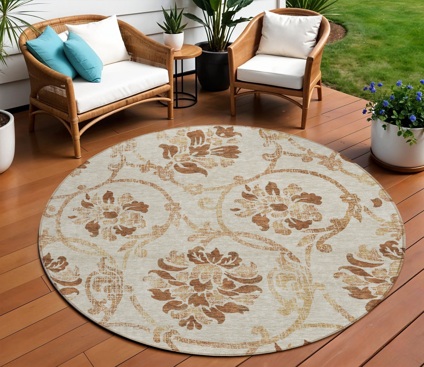 8 Terra Cotta Copper And Beige Round Floral Washable Indoor Outdoor Area Rug