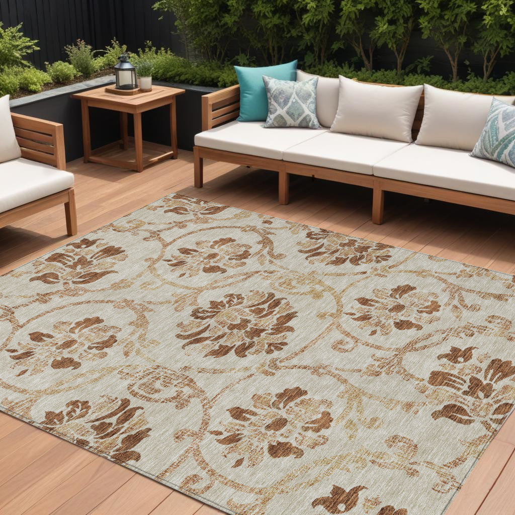 8 X 10 Terra Cotta Copper And Beige Floral Washable Indoor Outdoor Area Rug