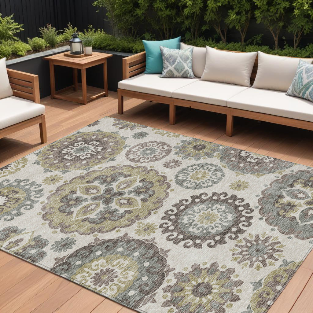 8 X 10 Beige Taupe And Brown Floral Medallion Washable Indoor Outdoor Area Rug