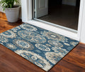 3 X 5 Navy Blue And Taupe Floral Medallion Washable Indoor Outdoor Area Rug