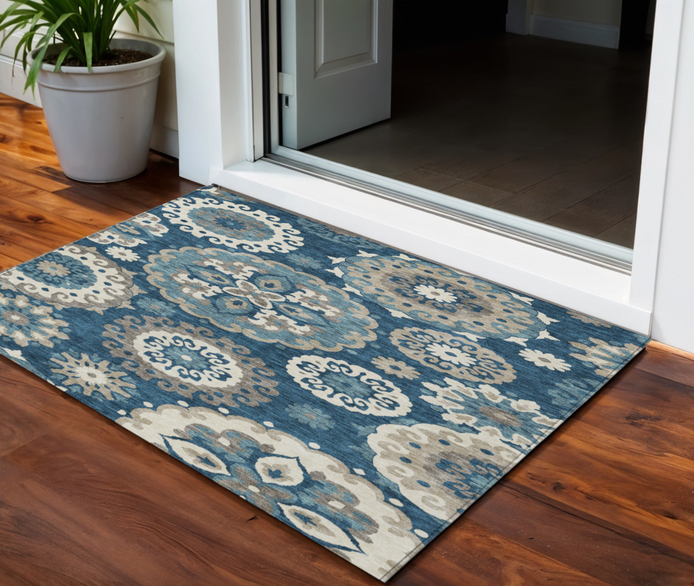 3 X 5 Navy Blue And Taupe Floral Medallion Washable Indoor Outdoor Area Rug