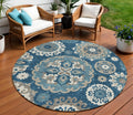 8 Navy Blue And Taupe Round Floral Medallion Washable Indoor Outdoor Area Rug