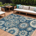 10 X 14 Navy Blue And Taupe Floral Medallion Washable Indoor Outdoor Area Rug