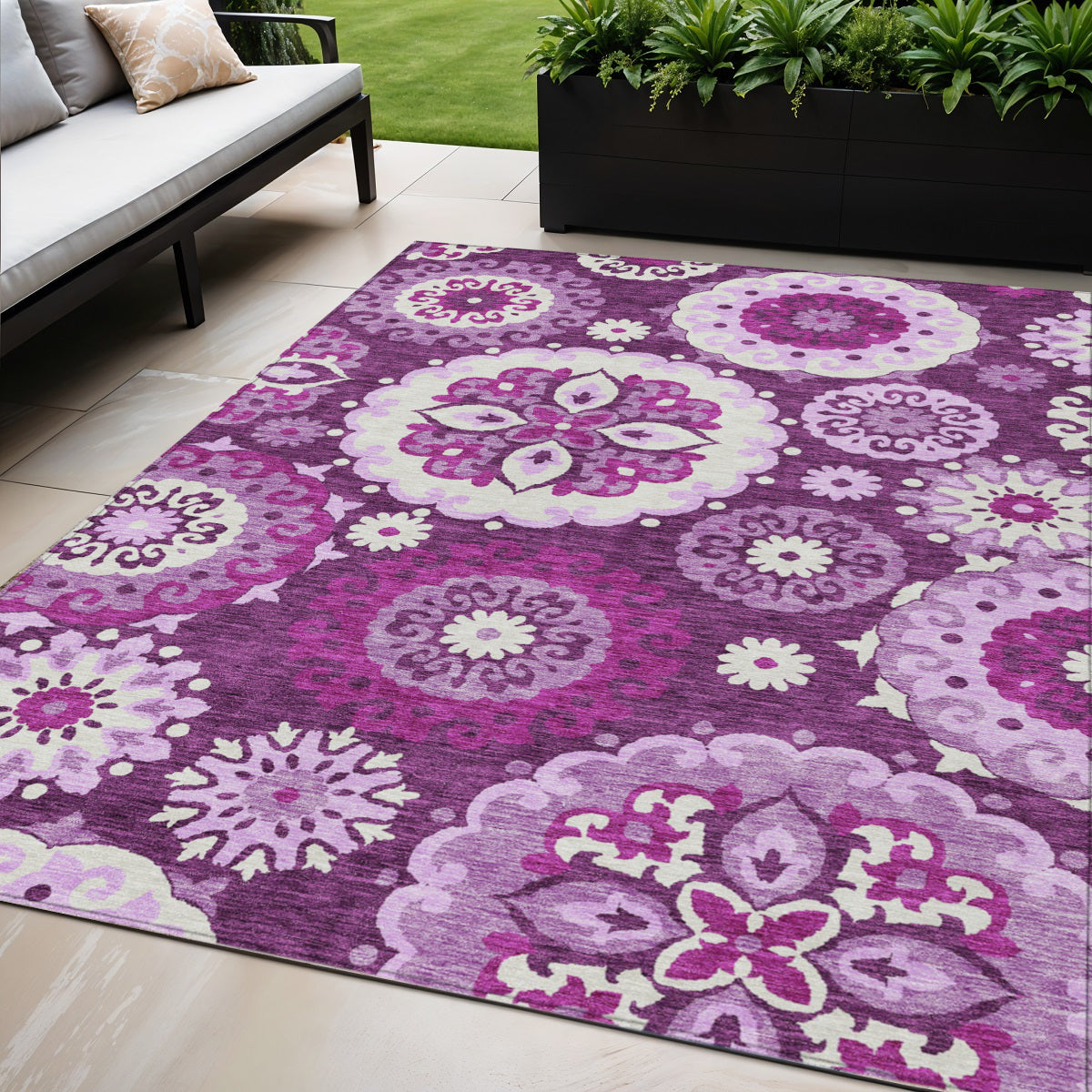 5 X 8 Eggplant And Mauve Floral Medallion Washable Indoor Outdoor Area Rug