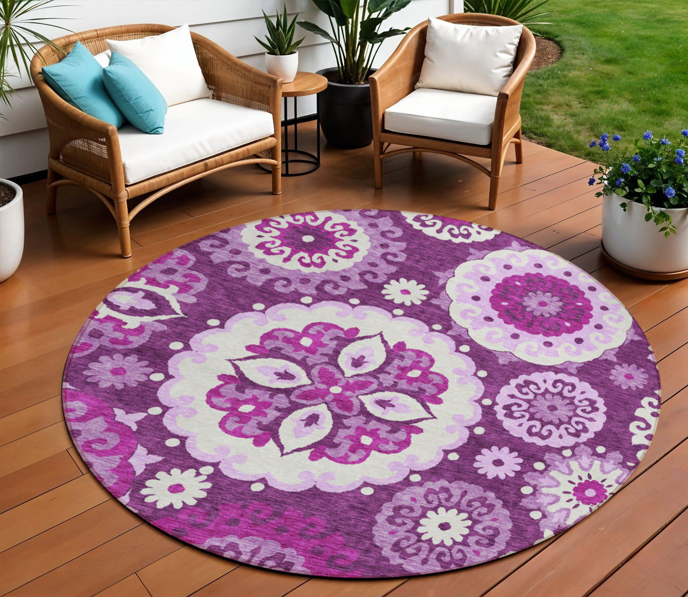 8 Eggplant And Mauve Round Floral Medallion Washable Indoor Outdoor Area Rug